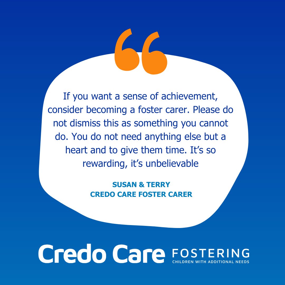 Fostering is a very tremendous and inspiring new journey, today we hear from Susan and Terry ❤️ To read more success stories visit the Credo Care website: credocare.co.uk/success-storie…

#credocare #fostercare #specialistfostercare #fostercareawareness #fostering #successstories