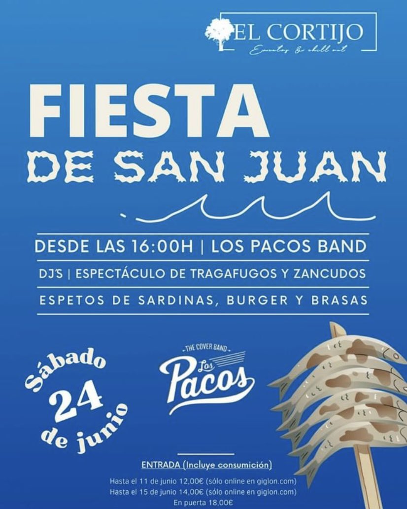 💥 ¿Teníais ganas de vernos? 👀

El sábado 24 de junio estaremos en El Cortijo dando la bienvenida al verano ☀️ como se merece. Celebraremos la 𝐅𝐢𝐞𝐬𝐭𝐚 𝐝𝐞 𝐒𝐚𝐧 𝐉𝐮𝐚𝐧 con música 🎸, fuego 🔥 y espetos 🐟, y lo mejor: rodeados de amigos. ¿Qué más se puede pedir?