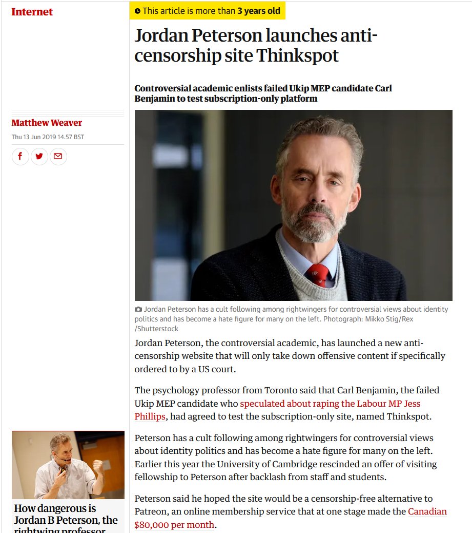 ...crowdfunding on Patreon. Peterson eventually left Patreon after they banned another user, Sargon of Akkad, and launched a new online social networking site called Thinkspot. The site's been a lackluster and has garnered mostly negative feedback from its users. Like...

4/26