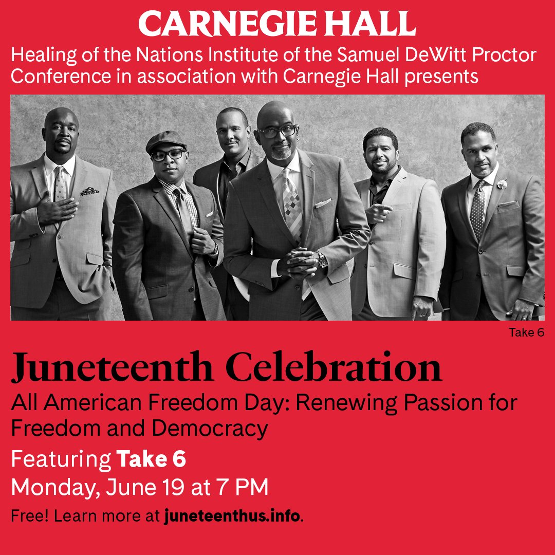 Join us at Carnegie Hall to celebrate Juneteenth on Monday, June 19, 2023 at 7 PM! Free tickets for this year’s celebration are available at the Carnegie Hall Box Office! More info: carnegiehall.org/calendar/2023/… #JuneteenthCelebration #BlackCulture #CarnegieHall #FreeTickets