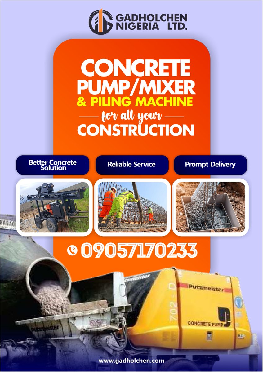 gadholchen's tweet image. Boost Your Construction Project with Our High-Quality Piling Machine and Concrete Pump/Mixer! 🚧💪🏗️

"Maximize Efficiency, Minimize Costs!
#rental #constructionequipment #pilingmachine #concretepump #concretemixer #civilengineering #construction #lagos #building #Abuja #Nigeria