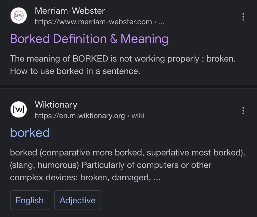 merrily_making's tweet photo. @skudiklier @hankgreen @sportswithjohn Merriam-Webster has the definition I always used for borked: https://t.co/q4G658naQo