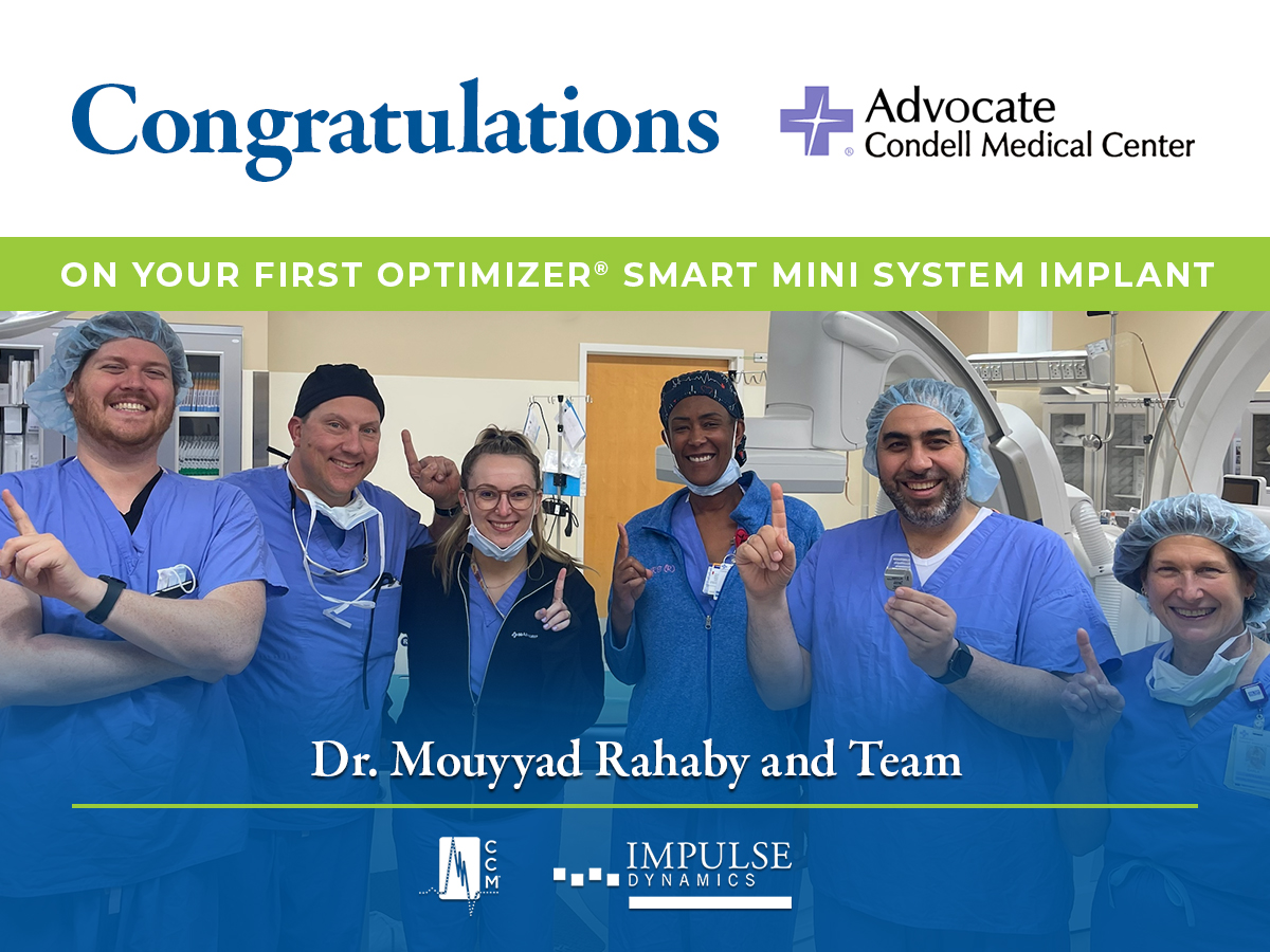 Congratulations to Dr. Mouyyad Rahaby and the supporting team at Advocate Condell Medical Center in Libertyville, IL, for their first successful implant of the Optimizer® Smart Mini System!

#medicaldevices #heartfailure #CCM #Optimizer #epeeps #ImpulseDynamics