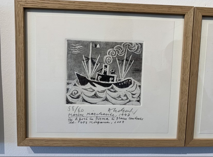 LegendusEst's tweet photo. Ces marins au long cours font penser, par un rapprochement que Michel Serres et @EtienneKlein nomment « court-circuit », à cette gravure de Pierre #Alechinsky, « Marine marchande, 1947 », illustration de « À bord du Birma » de Blaise Cendrars — vue récemment à @Chaumont_Loire https://t.co/7LtHK8yM0F
