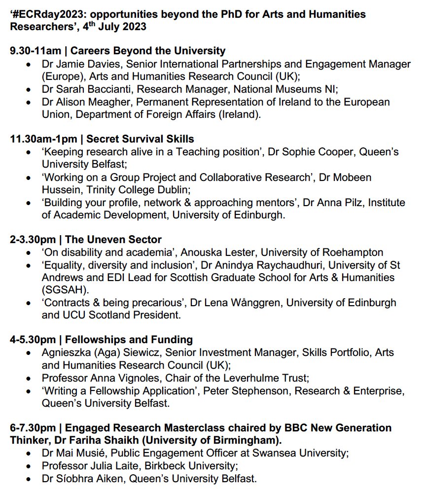 📢Delighted to share the programme of #ECRday2023 on 4th July. We have 4 panels and, due to popular demand, a masterclass on Engaged Research. Where contributors agree, panels will be recorded for future access. Booking to go live soon thanks to @QUBPostdoc. See👇 for more info.