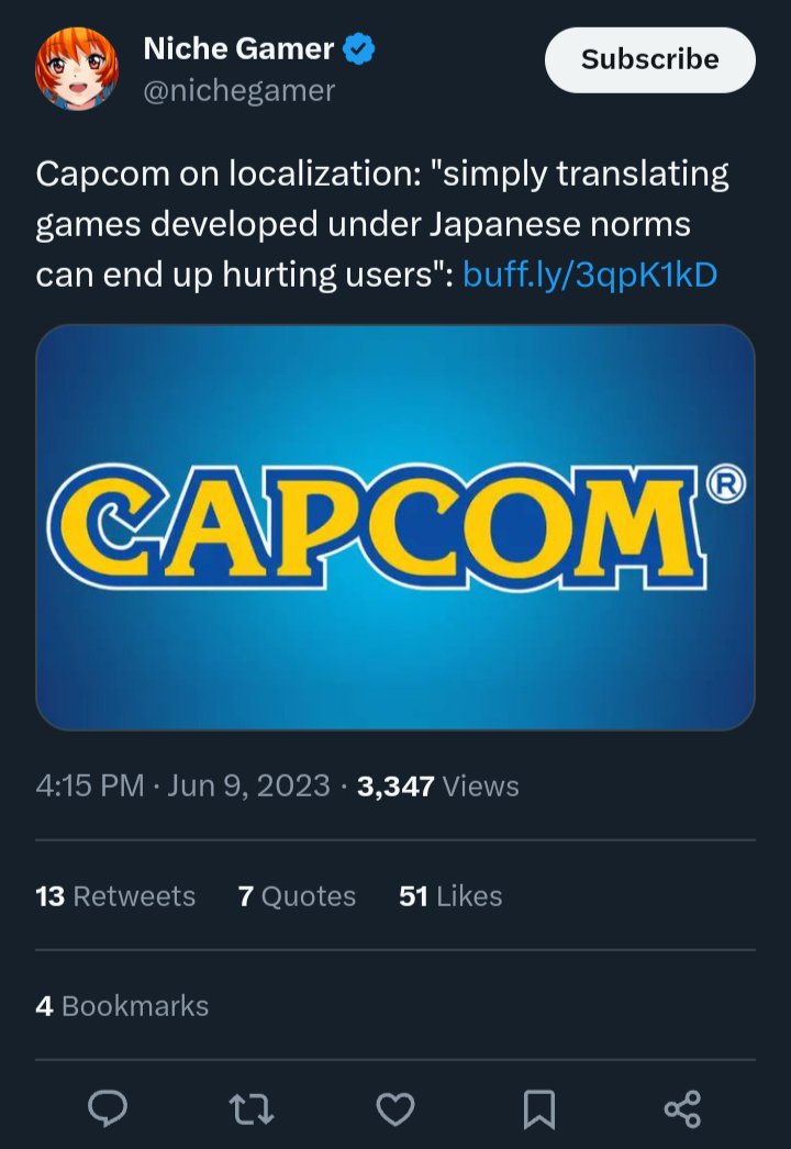 In order to improve their ESG Rating Capcom has officially confirmed their support for censorious Localisation saying that users experiencing Japanese cultural norms will hurt them. 

After reading this bullshit I will never buy a Capcom game ever again. nichegamer.com/capcom-promise…
