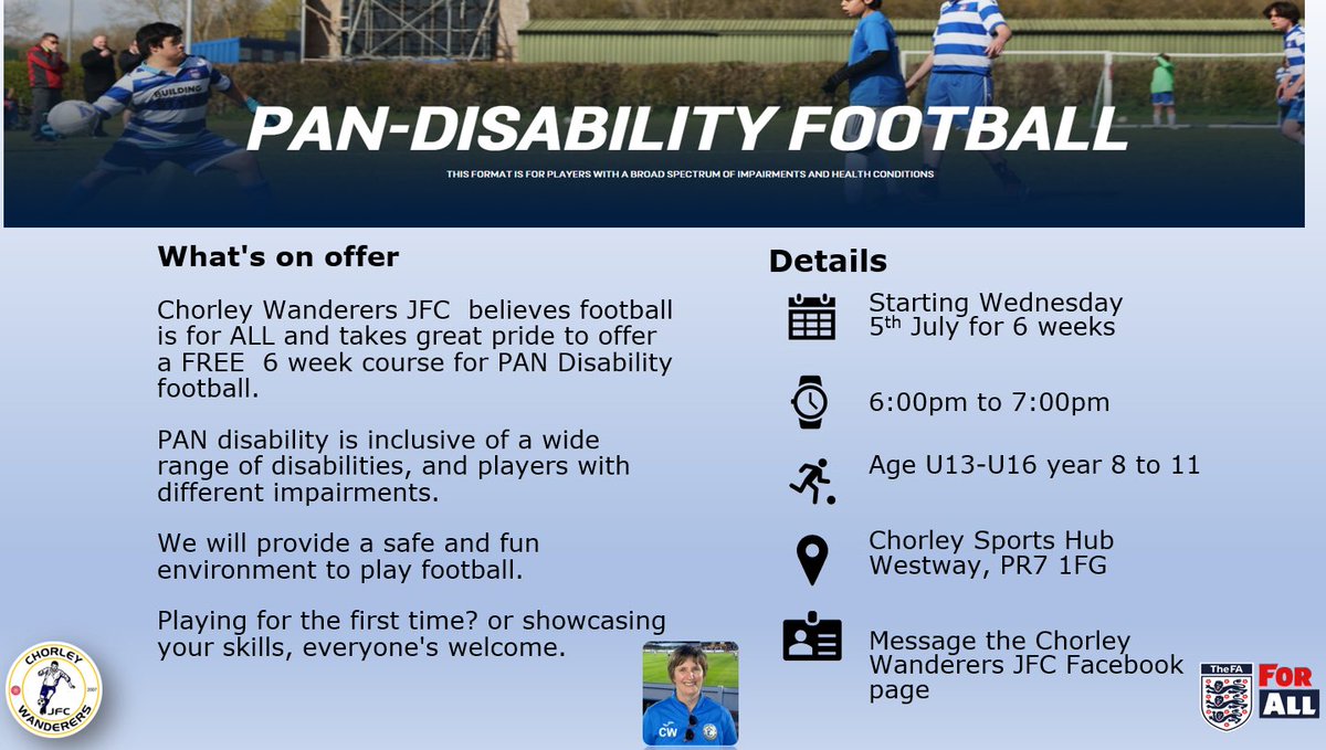 C_W_J_F_C's tweet photo. ⚽️ PAN Disability Football ⚽️

We are extremely excited to be able to offer a FREE 6 week course to be hosted at the westway, Chorley. Please share as we would love for there to be enough interest to enable us to start a new team.

Please note this is for U13’s - U16’s https://t.co/kkD9wK4H5v