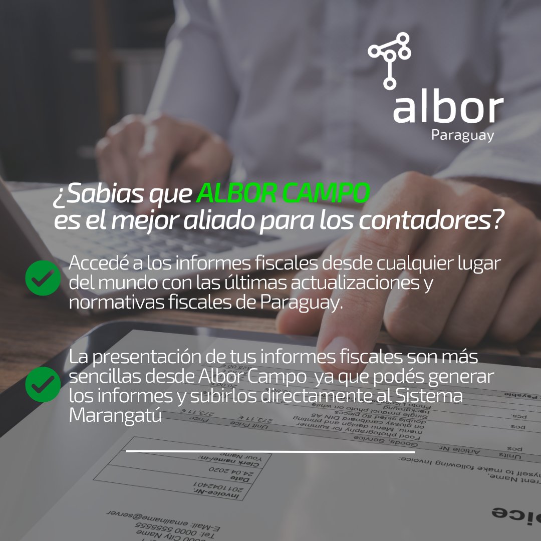 AlborParaguay's tweet image. Feliz día a todos los contadores/as del Paraguay.

Los invitamos a conocer Albor Campo, el mejor aliado para los contadores del Agro

#DíaDelContador #ContadoresDelAgro #contabilidaddegestión
#SoftwareDeGestión
#AlborCampo #AlborAgro #AlborParguay
