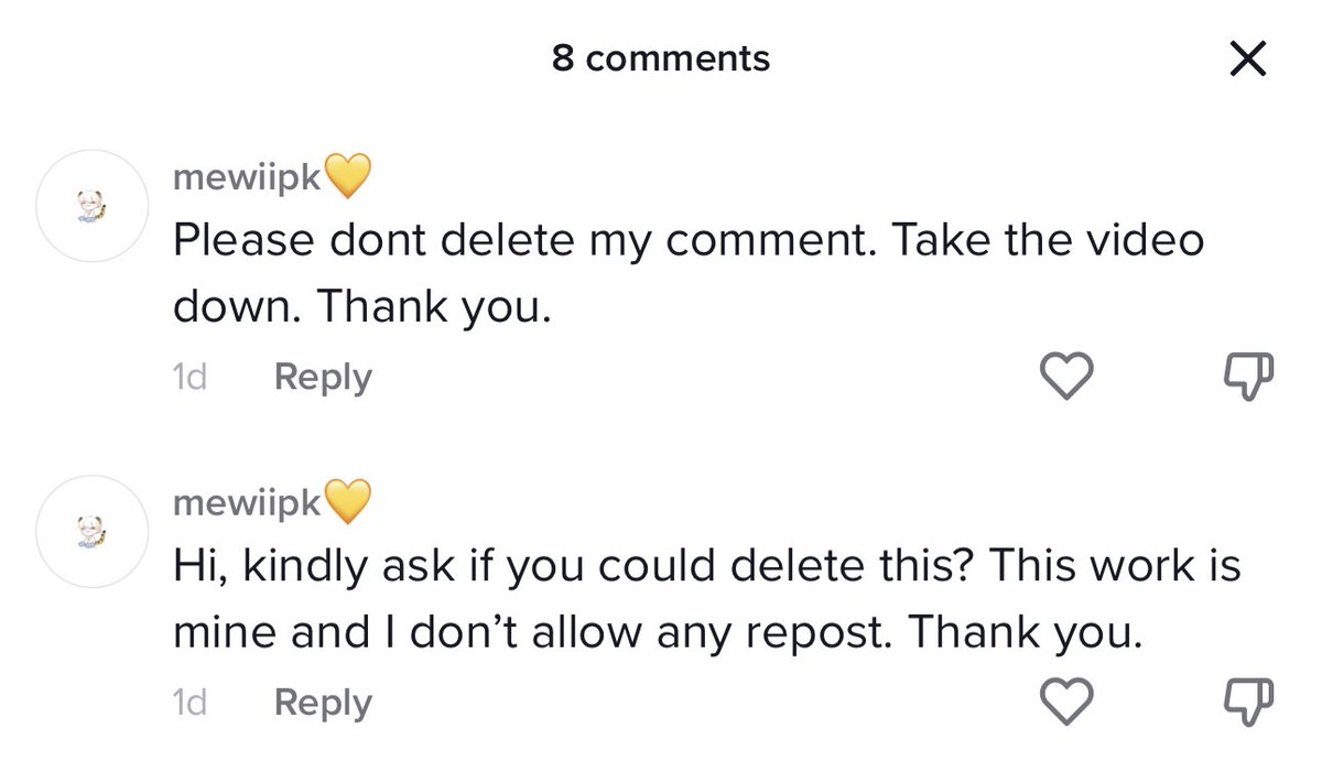 mobyandcat's tweet photo. I usually want to talk and clear things up nicely but since you hid my comment then I guess I have the legit reason to make it public

Despite me never writing credit / anything, I don’t allow any reposting my works anymore.

I used to be kind and allow ppl to repost my work on other platform if you ask me to and as long as you ask for permission. However, ppl start thinking it’s ok to use and alter artists’ art and things start getting out of my control. So I decided to forbid all of them.

And here it is, there’s still someone reposting them and just saying “ctto” which whatever the fuck this mean, I don’t care and you have no right to getaway with it.

I don’t think it’s quite fair when all you do is saving and posting the artists’ work and get all the engagement on your own acc

https://t.co/xez6Lk6fRn