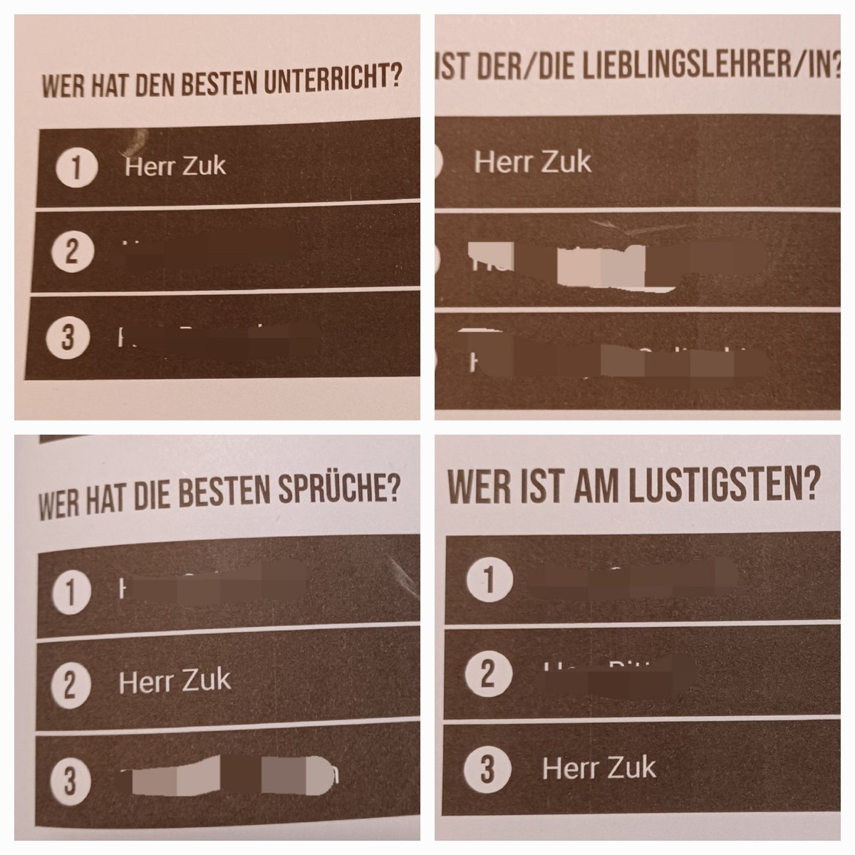 Dom_zuk's tweet photo. Ein kleines Highlight ist das 'Lehrerranking' in der Abizeitung dann doch...(natürlich überhaupt nicht aussagekräftig oder repräsentativ).
Und ein bisschen geschmeichelt fühle ich mich aber auch, nur am Humor muss ich noch arbeiten 😅

#twlz #eduNRW #Abitur https://t.co/aHxnuVqdD2