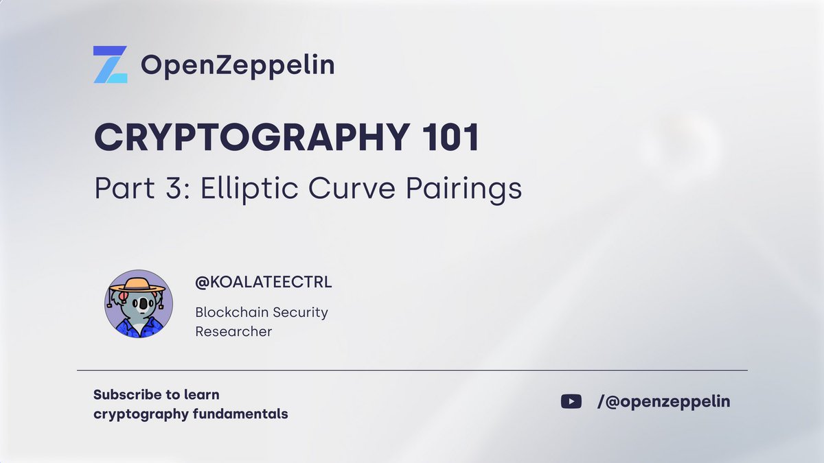 OpenZeppelin's tweet photo. 🧑‍🏫 Cryptography 101 for Blockchain Developers | Final Episode 🎓

@KoalateeCtrl’s last installment to master the fundamentals of cryptography on your way to understanding ZK-proofs is here! 

Episode #03: Elliptic Curve Pairings

Watch the lesson live now! 🎥 🍿 https://t.co/mp0hhglBHu