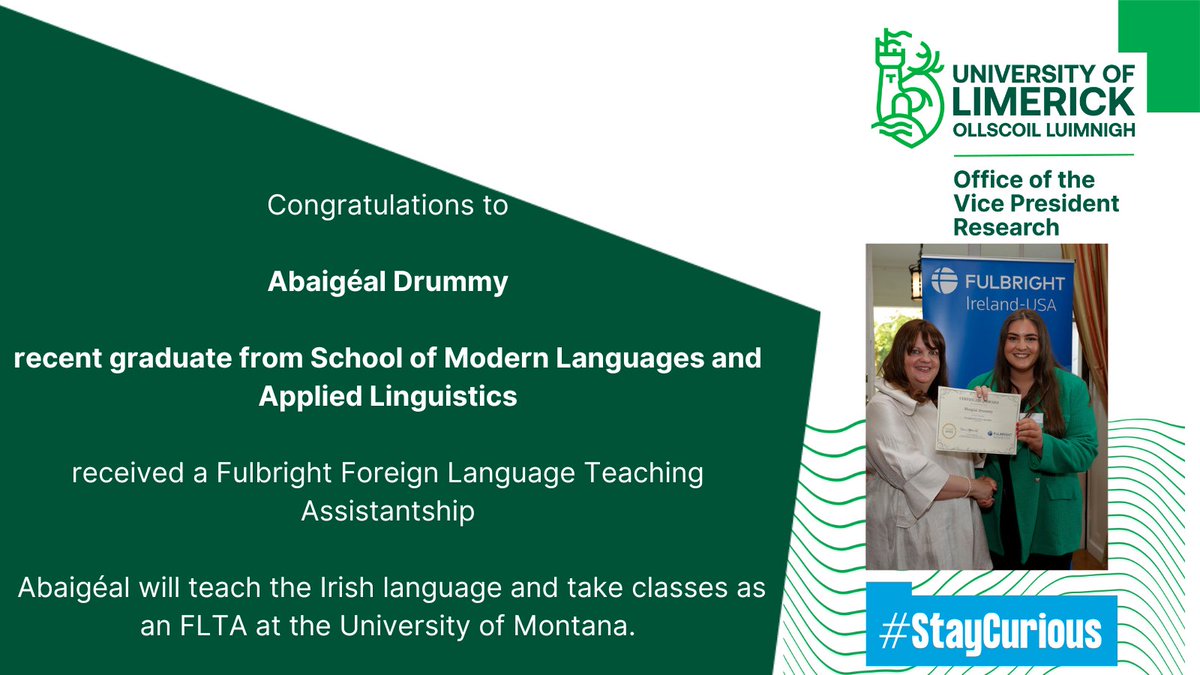 👏Congrats to @abaigealdrummy on being awarded a Fulbright Foreign Language Teaching Assistantship. @Fulbright_Eire @mlal_ul @GaeilgeAtUL #StayCurious #ResearchImpact #ULResearch