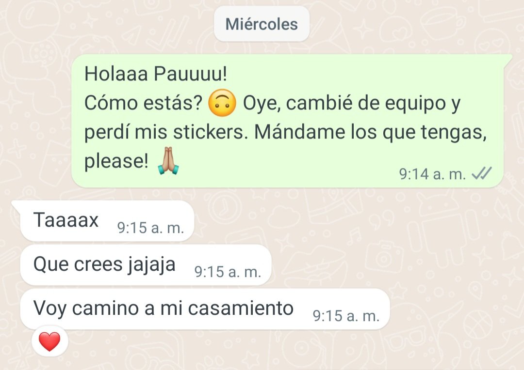 Una pidiendo stickers un miércoles por la mañana y <a href="/Paucollins/">Pompis de corgi</a> camino a su casamiento! *😭

*llora de amor y felicidad 🩷🫂