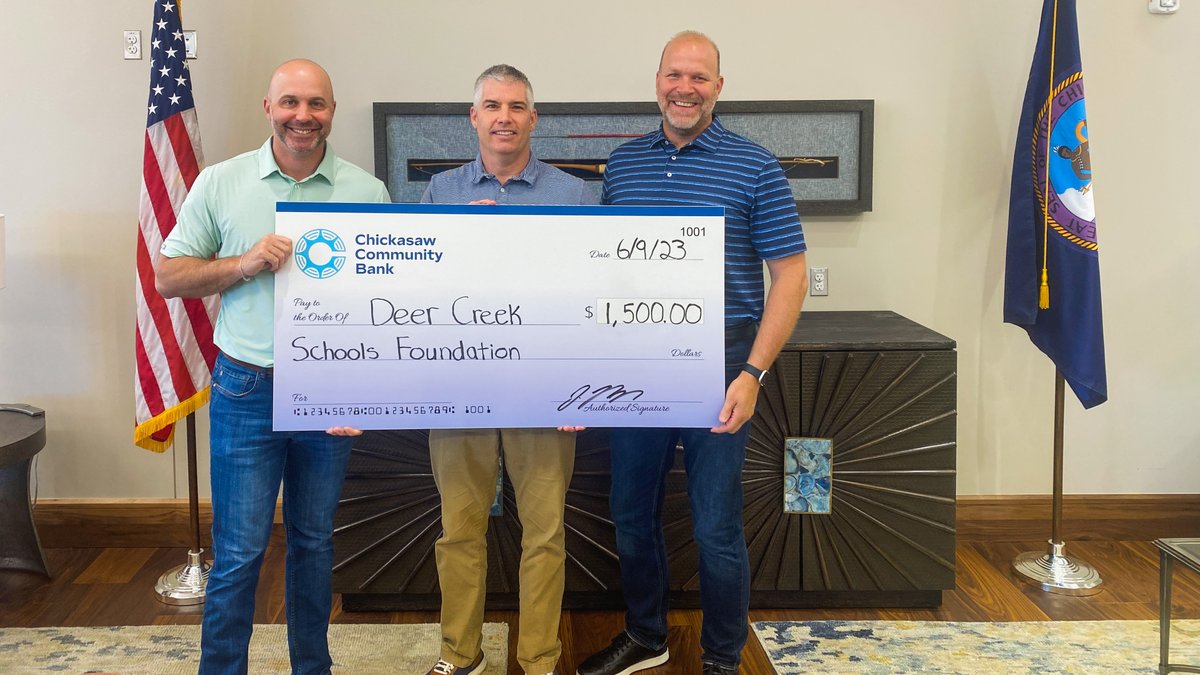 Chickasaw Community Bank is thrilled to present Deer Creek Schools Foundation with a $1500 check, showing our unwavering support for their incredible organization and Deer Creek Schools. 🎉