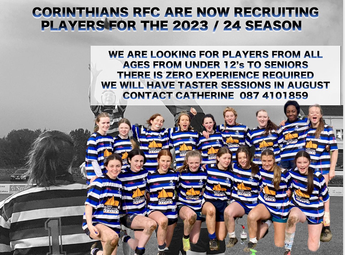 CorinthiansGiat's tweet photo. We're recruiting for next season for players from U12 right through to senior. Watch this space for the taster sessions. No experience required. Please give Catherine a shout on 0874101859 if you're interested #nothinglikeit #getfit #makefriends #rugbylife https://t.co/NKgFLeYNk9