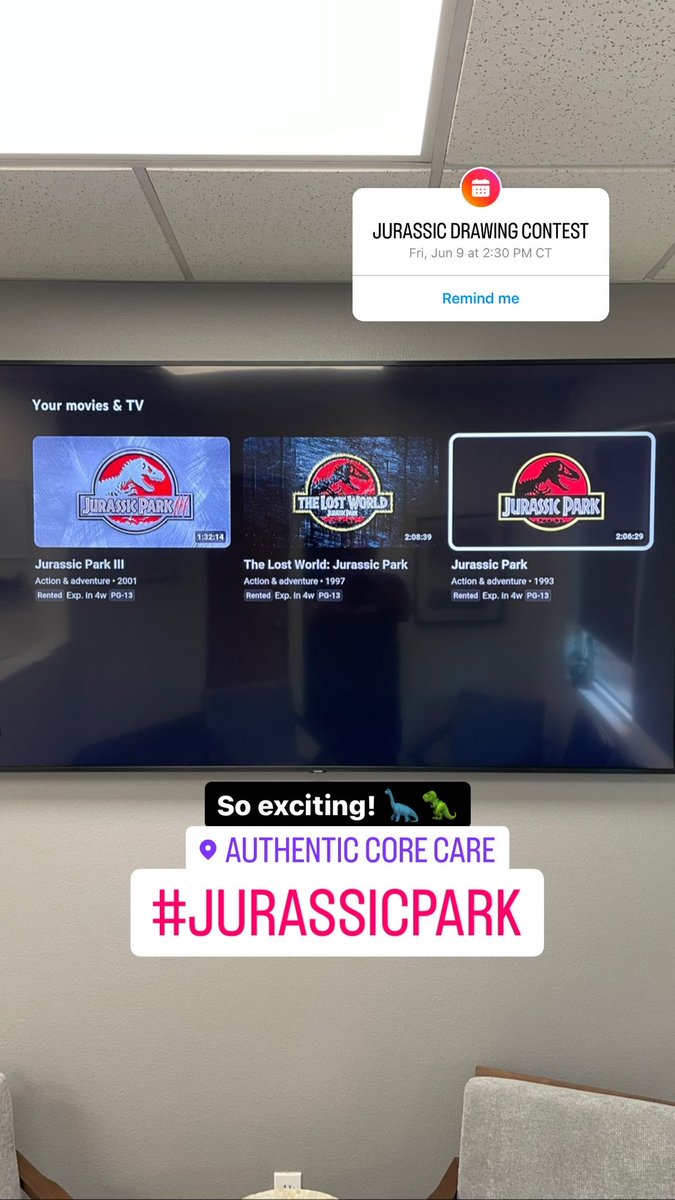 authenticcore1's tweet photo. Happy 30th Anniversary #JurassicPark @JurassicWorld @UniversalPics 

#JurassicPark30 #JurassicPark30thAnniversary

We’re showing all the JP movies as well as hosting a dinosaur drawing contest for our pediatric patients, along with with some prizes!

#PediatricChiropractic https://t.co/vIzJADX3Qp