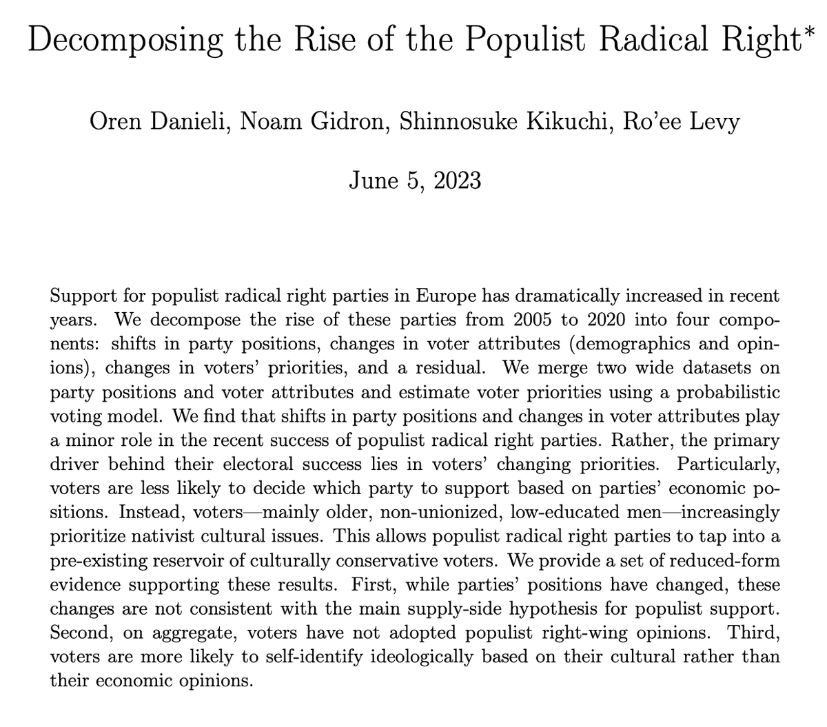 Noam Gidron (@noamgidron) on Twitter photo Updated version of our (<a href="/RoeeLevyZ/">Ro'ee Levy</a>, <a href="/DanieliOren/">Oren Danieli</a>, <a href="/ShinnKikuchi/">Shin Kikuchi</a>) working paper on the rise of the populist radical right! Findings show that changes in voters' priorities drive the European radical right's ascent more than changes in attitudes or party positions. Updated version of our (<a href="/RoeeLevyZ/">Ro'ee Levy</a>, <a href="/DanieliOren/">Oren Danieli</a>, <a href="/ShinnKikuchi/">Shin Kikuchi</a>) working paper on the rise of the populist radical right! Findings show that changes in voters' priorities drive the European radical right's ascent more than changes in attitudes or party positions.