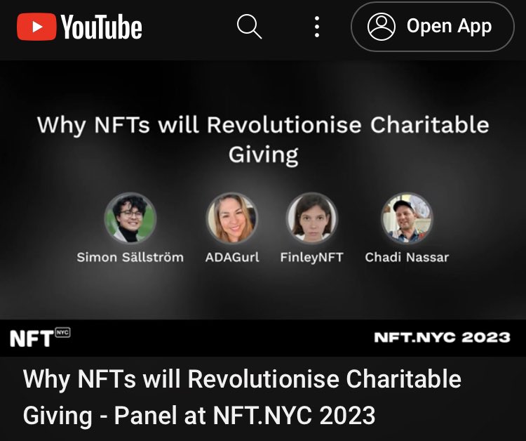 The <a href="/NFT_NYC/">NFT.NYC</a> videos are out! Here’s an amazing panel on why NFTs will Revolutionize Charitable Giving! 💚 #CARDANO 

 youtu.be/ndaUhZoZrpc

Featuring <a href="/SimonSallstrom/">Simon S</a>, <a href="/ADAGurl4Eva/">ADAGurl- Bullish Bear Market 🇺🇸 | WAGMI</a>, <a href="/FinleyNFT/">Finley La Pick</a> &amp; <a href="/ChadiNassar/">$Chadi.⌐◨-◨</a>