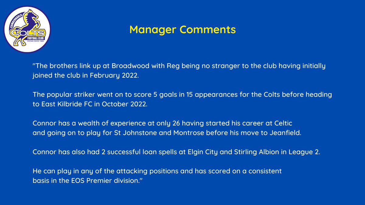 Double Trouble...The McLarens have arrived.

We are delighted to announce the signing of Regan and Connor McLaren from <a href="/JeanfieldSFC/">Jeanfield Swifts FC</a>
