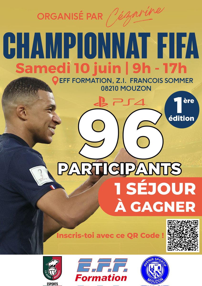 🏆 TOURNOI #FIFA23 ⚽️

RDV demain à Mouzon pour le championnat #FIFA !

🎮 Vous pouvez toujours sur inscrire pour 15€ sur bit.ly/3WcLjeI ou en venant sur place à 9h30 au plus tard 

À demain ! 🔥