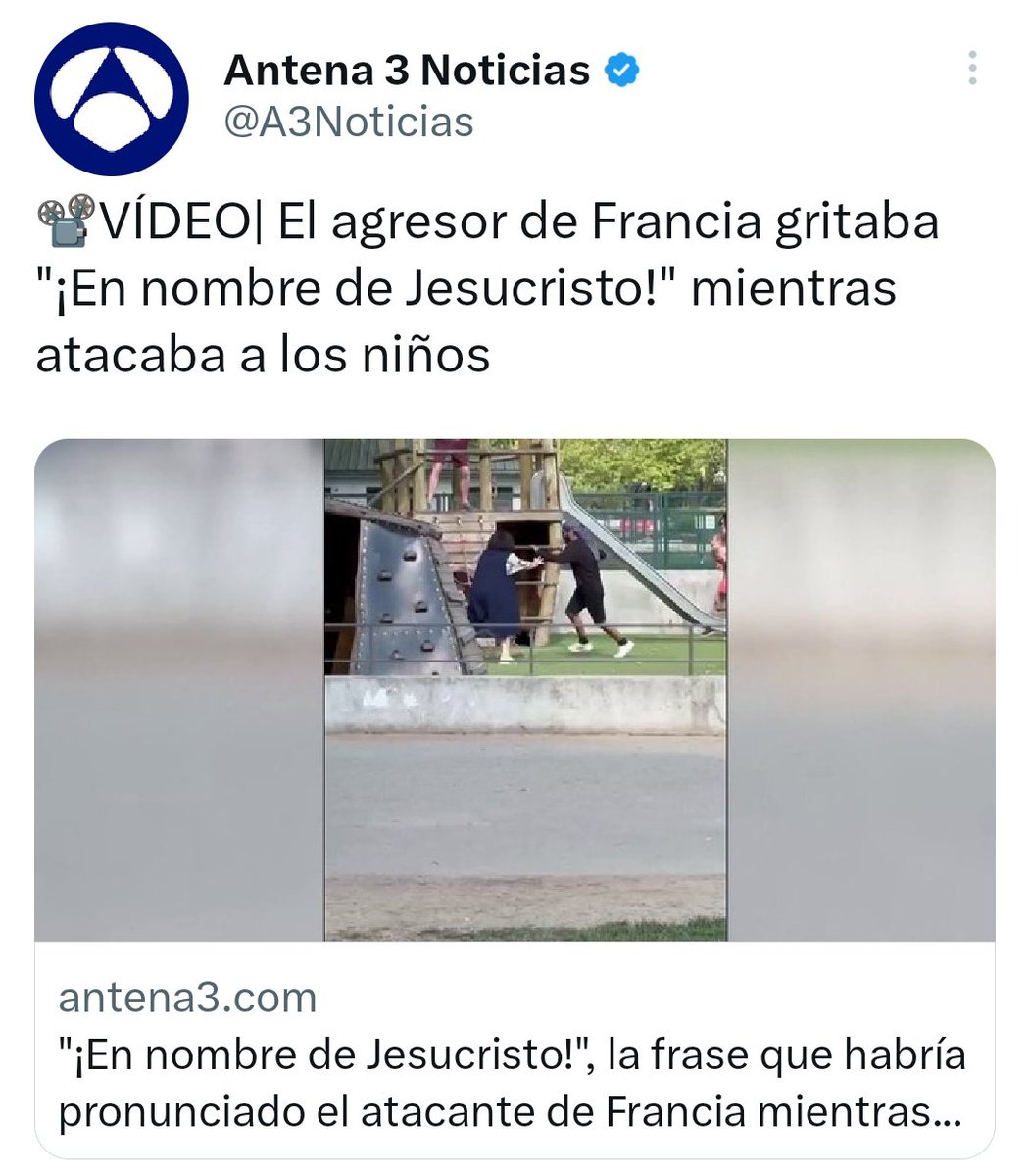 Benditapuntoeu's tweet photo. ⛔ BULO de @A3Noticias, @informativost5, @el_pais... "El agresor de Francia gritaba ¡En nombre de Jesucristo! mientras atacaba a los niños".

❌ FALSO: Lo gritó el testigo que grababa la escena. https://t.co/hKv2L9u8DP