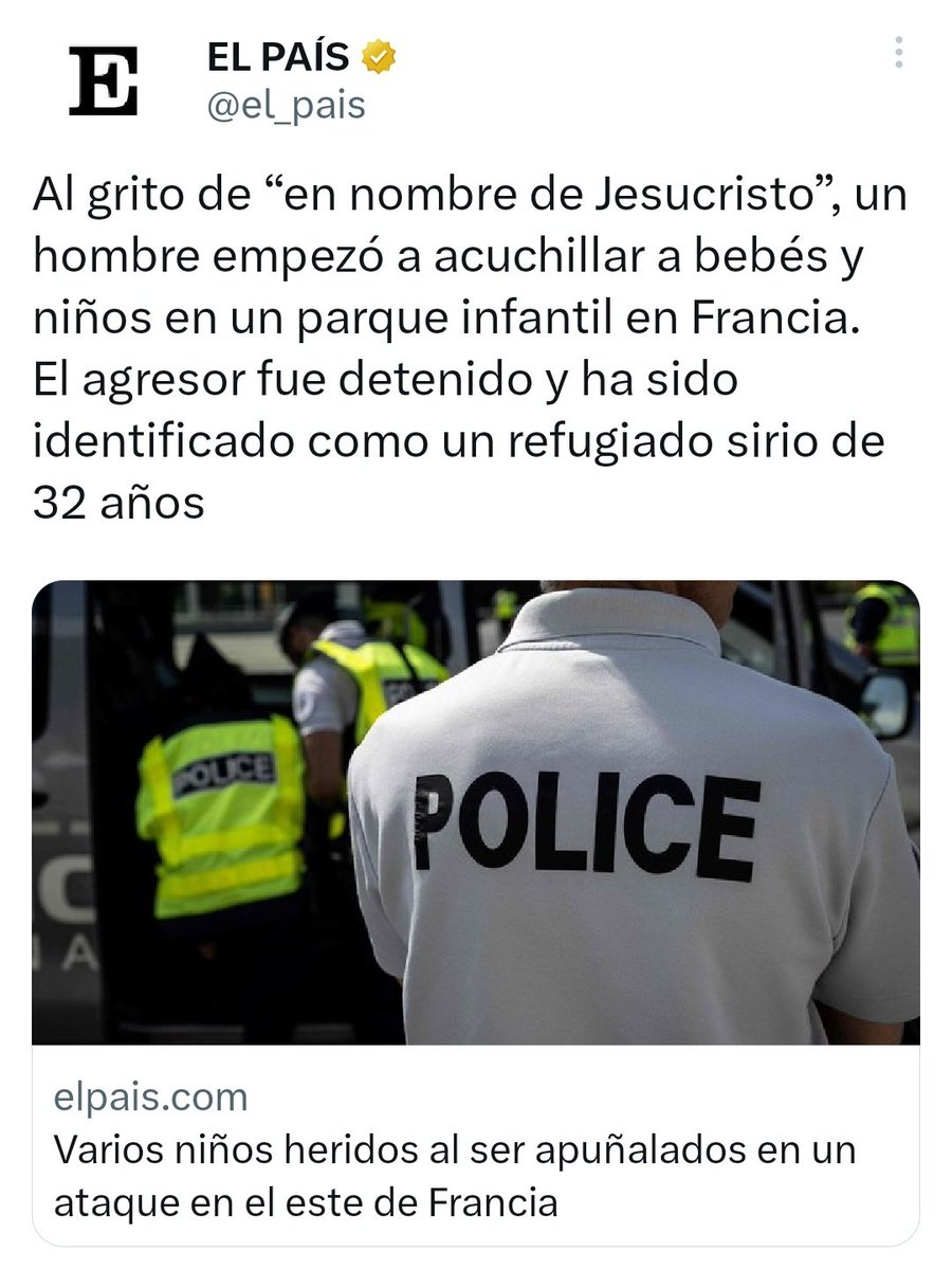 Benditapuntoeu's tweet photo. ⛔ BULO de @A3Noticias, @informativost5, @el_pais... "El agresor de Francia gritaba ¡En nombre de Jesucristo! mientras atacaba a los niños".

❌ FALSO: Lo gritó el testigo que grababa la escena. https://t.co/hKv2L9u8DP