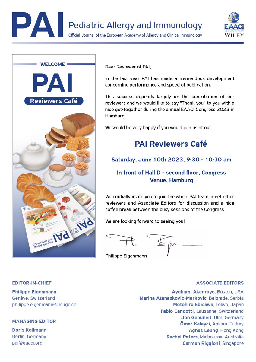 pai_eaaci's tweet photo. 📢 Don't miss our Reviewers Café tomorrow!

 🗓️ Saturday, June 10th, 9:30 to 10:30 am in front of Hall D, Congress Venue, Hamburg   

Meet the whole PAI team, other reviewers and Associate Editors.

See you there!

#EAACICongress2023 #EAACI2023 #Hamburg2023
@EAACI_JM @EAACI_HQ https://t.co/eg3BMNmDC9