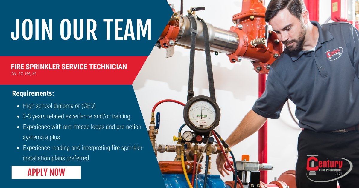 CenturyFP's tweet image. [Fire Sprinkler Service Tech / TN, TX, GA, FL] Start on a new career path! Century Fire offers competitive pay, great benefits, and tremendous growth opportunities. 

Apply now: hubs.la/Q01ShWlV0 

#Hiring #FireProtectionJobs #FireSafety #FireProtectionSystems