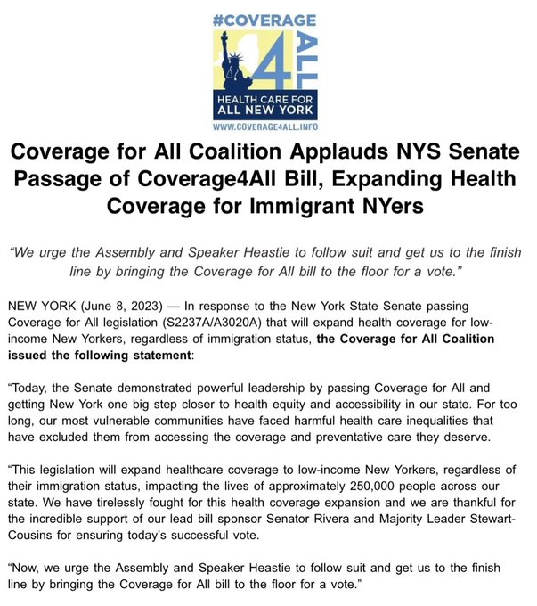 #Coverage4All passed in the Senate. 👏👏

All eyes are now on the Assembly and  @CarlHeastie to follow suit and get us to the finish line. Bring our legislation to the floor for a vote and pass #Coverage4All.