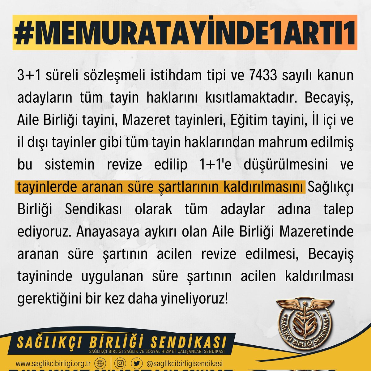 Sağlıkçı Birliği Sendikası olarak tayin mevzuatından doğan mağduriyetlerin çözümü için tüm sözleşmeli tiplerinin revize edilmesini, tayin imkanı sunan ve kamu ihtiyacını da gözeten 1+1 sistemini talep ediyoruz. <a href="/RTErdogan/">Recep Tayyip Erdoğan</a>

#memuratayinde1artı1