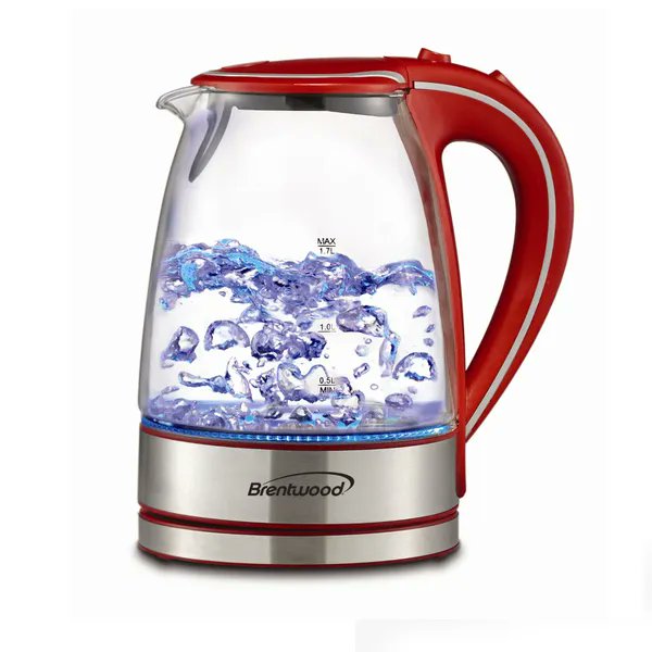 Boil water in minutes with the Brentwood 1.7L Cordless Glass Electric Kettle. Cordless kettle lifts off the base for easy filling and pouring. Full glass kettle, concealed heating element and BPA Free. Auto shut off, boil dry and overheat protection for added safety.