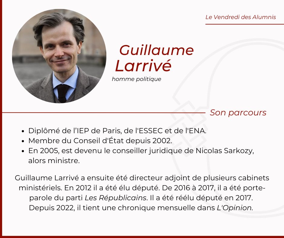 [LE VENDREDI DES ALUMNIS]

Tous les vendredis, la Conférence Olivaint vous présente l’un de ses alumnis, dont le parcours a marqué la vie publique française.

Cette semaine, découvrez Guillaume Larrivé : homme politique, et ancien membre de la Conférence Olivaint.👇