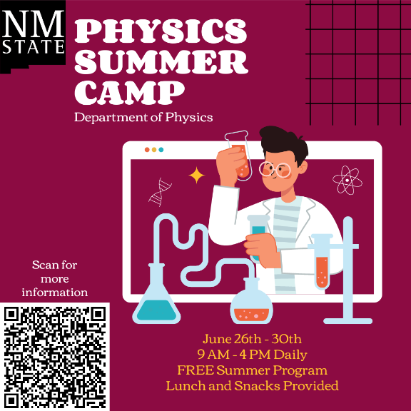 NmsuPhysics's tweet photo. GREAT NEWS!!!!! The deadline for the summer camp has been extended to this Monday 06/12/2023. 

There are still some slots available for students incoming to grades 10-12. 

Apply at the link below 

https://t.co/zdqQjttRLp

#NMSU #PHYSICS #ENGINEERINGPHYSICS #SUMMERCAMP2023 https://t.co/DRHwedNEe7