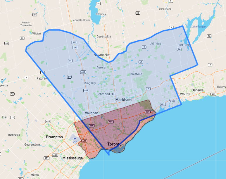 matttomic's tweet photo. Every time I'm in Ottawa I'm just baffled at the sheer sprawling size of the city following aggressive late-90s suburban/rural amalgamation.

This is the size of Ottawa's city limits (blue) overlaid on top of Toronto city limits (red). https://t.co/zr2hNyBfWm