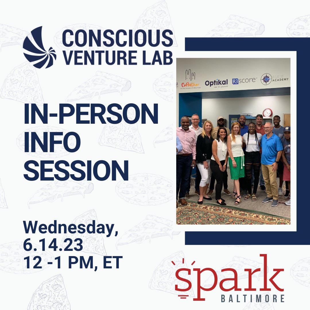 Join us in-person on Wednesday, June 14th, 2023 at 12 PM - 1 PM, ET for an information session with Spark Co-working, Baltimore. Come hungry for BOTH pizza and information about the Conscious Venture Lab accelerator program! We will see you there! 🔗signupgenius.com/go/10C094BAFA6…