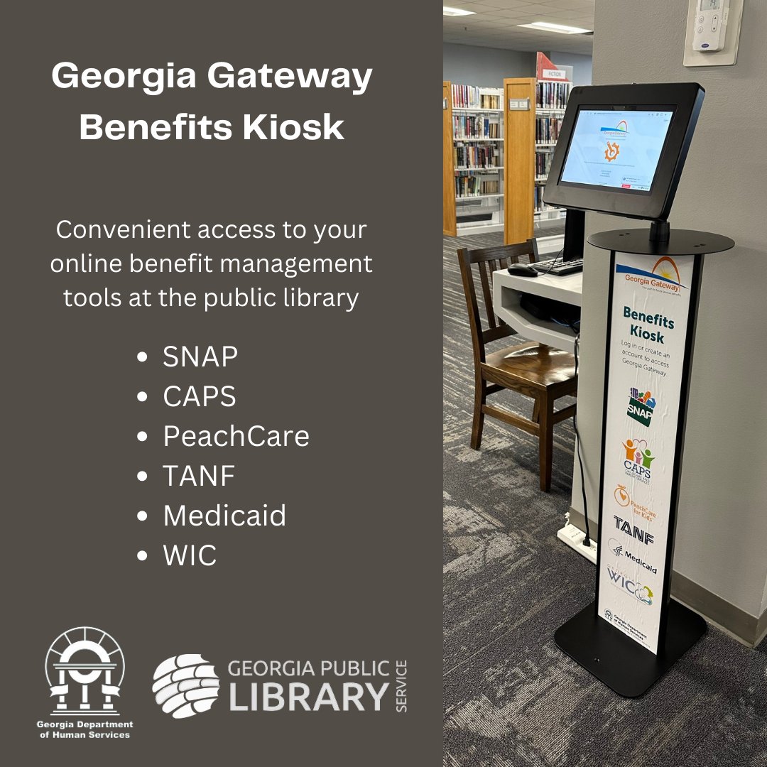 We are excited to announce the availability of the Georgia Gateway Benefits Kiosk at the Brunswick Library. This convenient public access point to online social benefits management is the result of a partnership between @GADHS and @georgialibs.  #GeorgiaLibraries