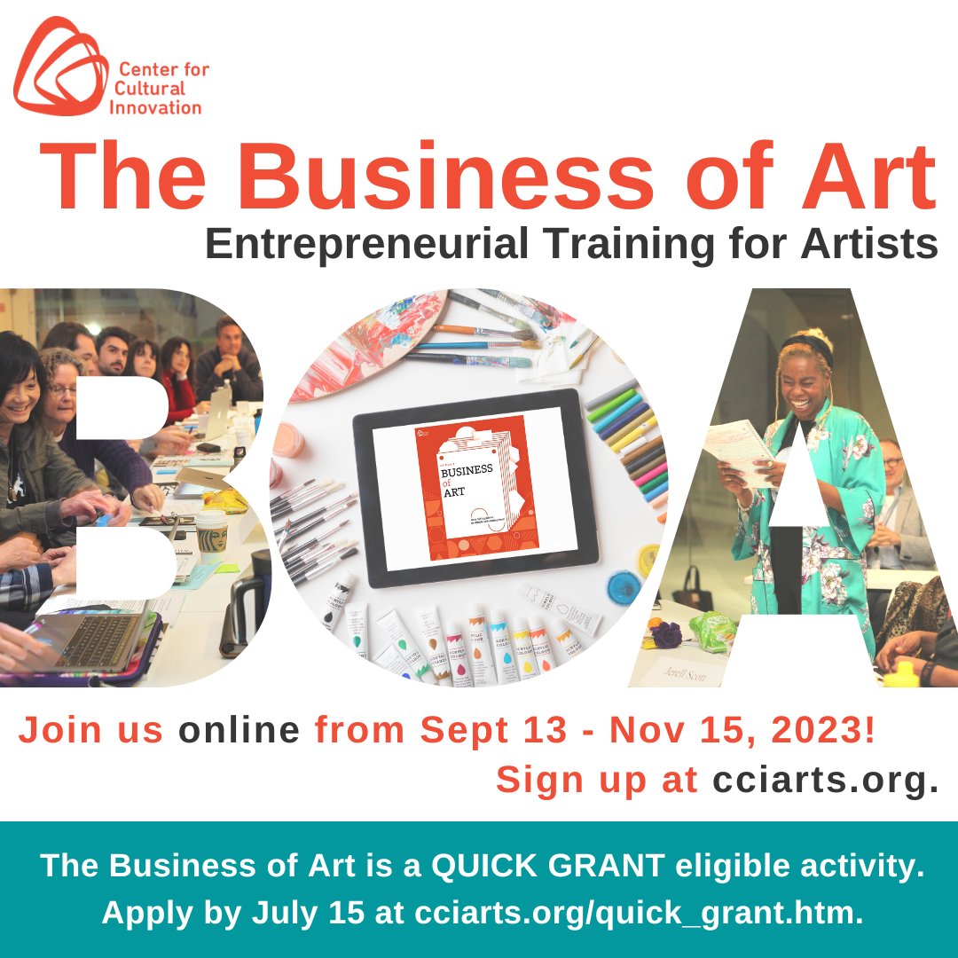 REGISTER NOW ~  Business of Art
10-week virtual workshop | Sept 13 – Nov 15
If you are an artist, you have an arts business. Get the entrepreneurial tools and resources you need to sustain and thrive. QUICK GRANT eligible!

Learn more at ow.ly/1G5950OIu6K