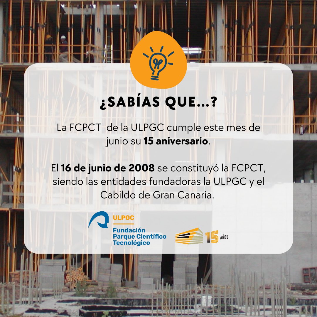 🎉 ¡Este mes estamos de celebración! La FCPCT ULPGC cumple 15 años. 🎈🎂
Este 16 de junio conmemoraremos este día en nuestras instalaciones. ¡Será un evento lleno de emoción y sorpresas! 😄✨  #grancanaria #parquetecnológico #ulpgc #fpct #aniversario