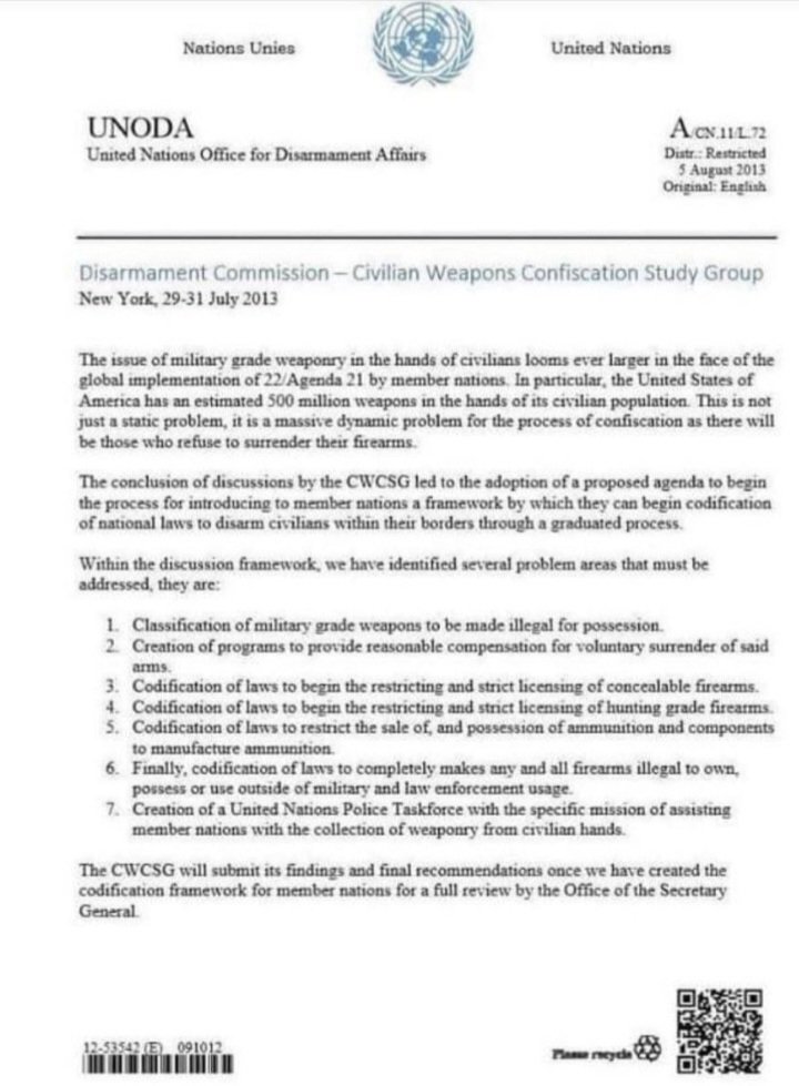 wanderinganimal's tweet photo. @BrianOSheaSPI
UN gun agenda from 2013.
I'd say this will kick in soon? or 2025 latest?
This will go down well.
Also stop the sale of ammunition.

Nowonder it's "restricted" lol.
#DestroyTheUN. https://t.co/7CVM86dELA