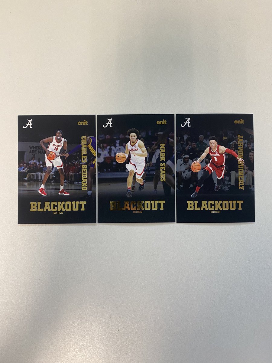Card Giveaway! Like, share, AND follow. We will be giving away three rare <a href="/AlabamaMBB/">Alabama Men’s Basketball</a> Blackout cards at the end of today @RealJahvonQ Mark Sears, and the Big Man Charles Bediako. #RollTide these were of the very few cards held out for the release of the ONIT Blackout Series.