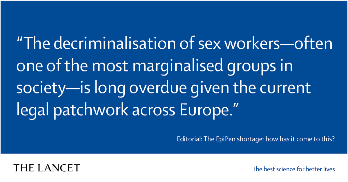 TheLancet's tweet photo. The decriminalisation of sex work has long been a contentious issue, nowhere more so than in the EU, where member states are divided on sex work policies.

Our Editorial: Protecting the health of sex workers in the EU: https://t.co/MJwQ5JYqsw https://t.co/ocJDupE6th