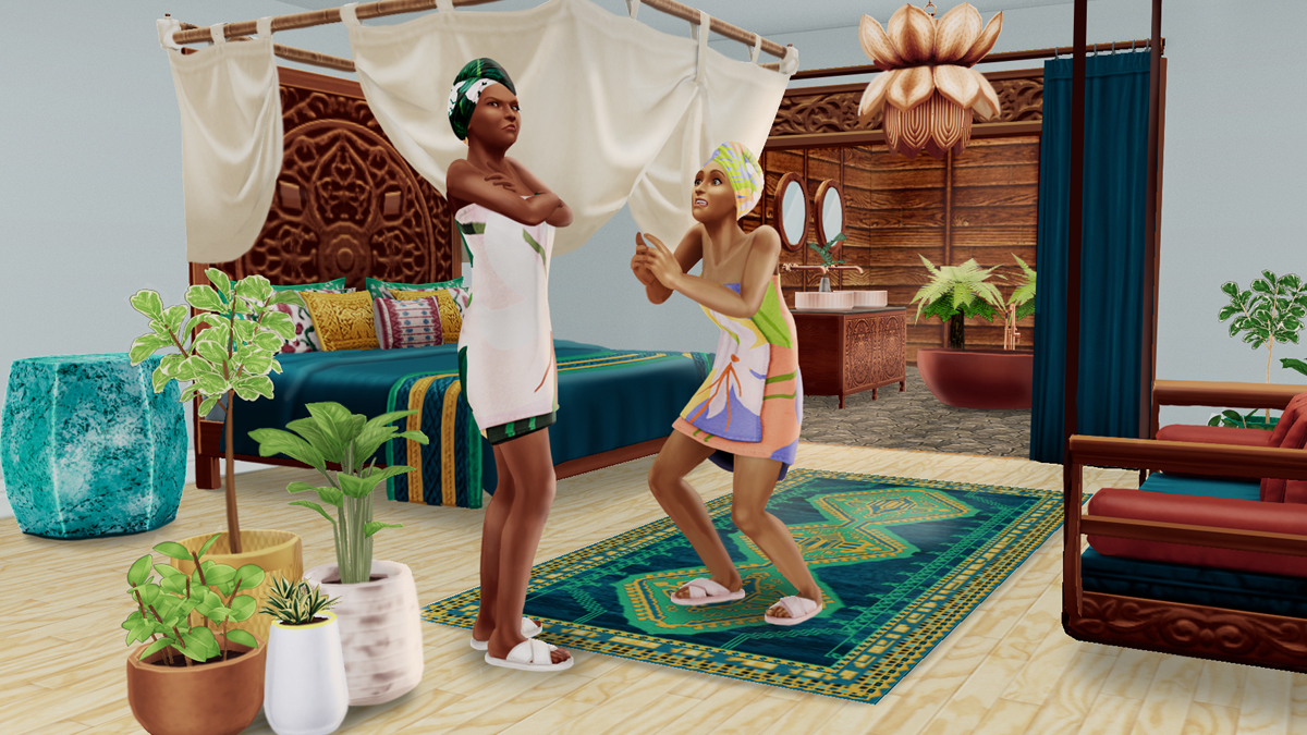 Live the laidback lifestyle with all new build mode items from SimChase Season 59: Restful Ruckus! Decorate a bedroom and bathroom including hanging lounges, king-size bed with curtain canopies, bohemian ceiling fans and more retreat-inspired decor. #TheSimsFreePlay