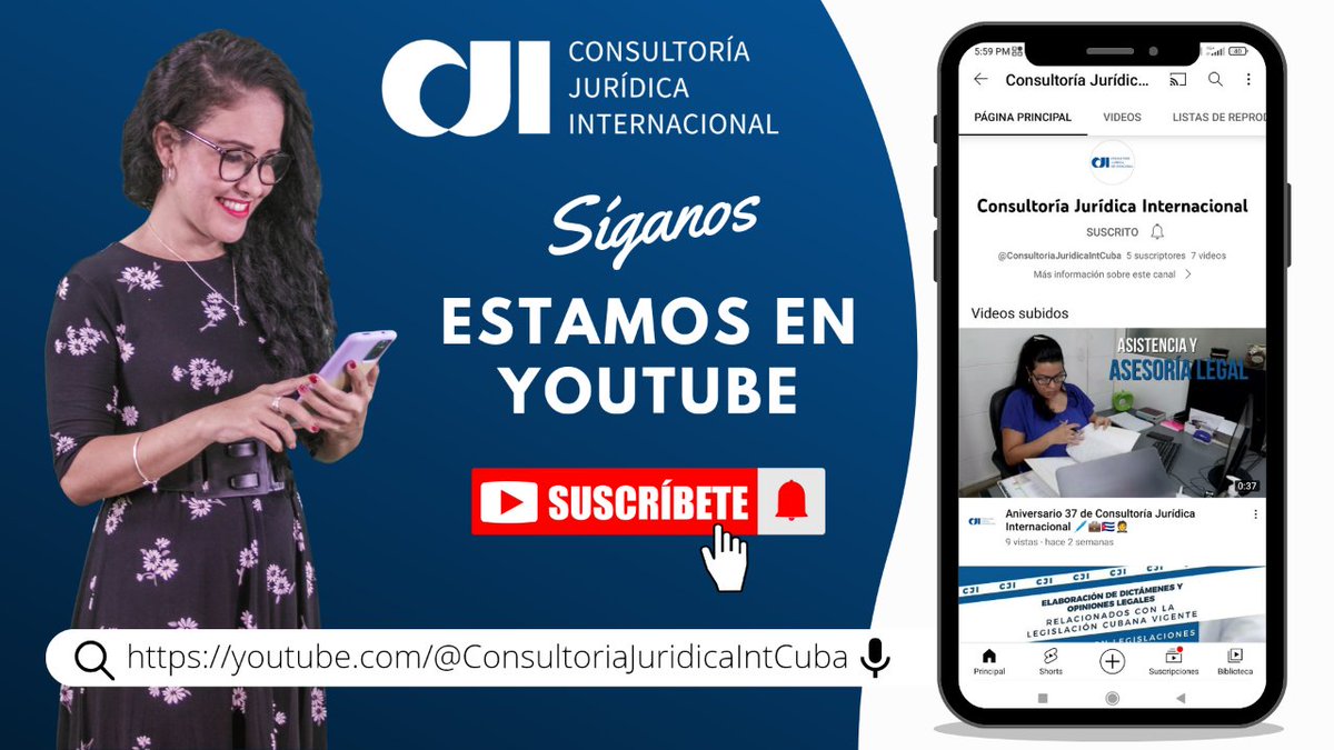🎥 ¿Conoces nuestro canal de YouTube?

💻 Puedes encontrarnos en esa red social como @ConsultoriaJuridicaIntCuba

🤳 Allí encontrará información actualizada sobre nuestros servicios y las formas de solicitarlos.

🗣️ ¡Contáctanos!

#consultoriajuridica #serviciosjuridicos