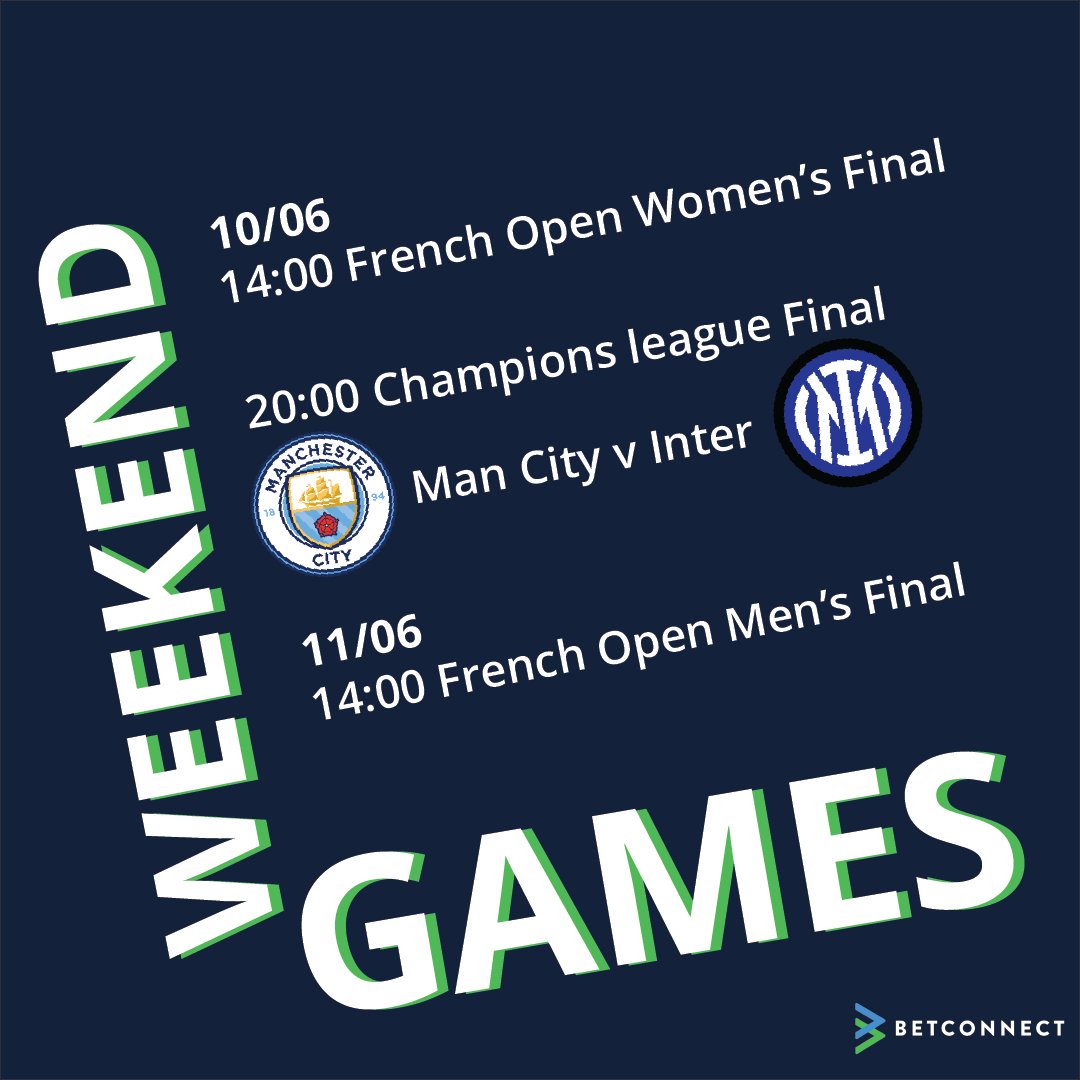 betconnect's tweet photo. Happy Friday🥳 Plenty of sporting fixtures to tune into this sunny weekend🌞We have the Champions league final ⚽️ coming up on Saturday with Man City playing against Inter, and the men’s (Sun) and women’s (Sat) French Open final🎾
#championsleague #frenchopen #sportsbetting https://t.co/UbaTDhXhs3