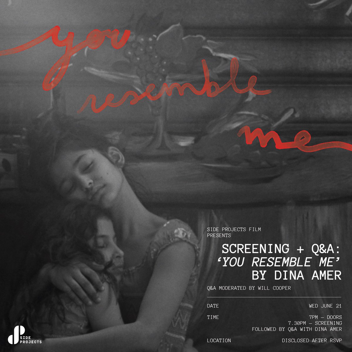 Side Projects Film will be hosting a special screening of YOU RESEMBLE ME on June 21st, followed by a Q&amp;A with Director Dina Amer and moderated by Wilbert Cooper. RSVP at this link: youresemblemescreening.splashthat.com