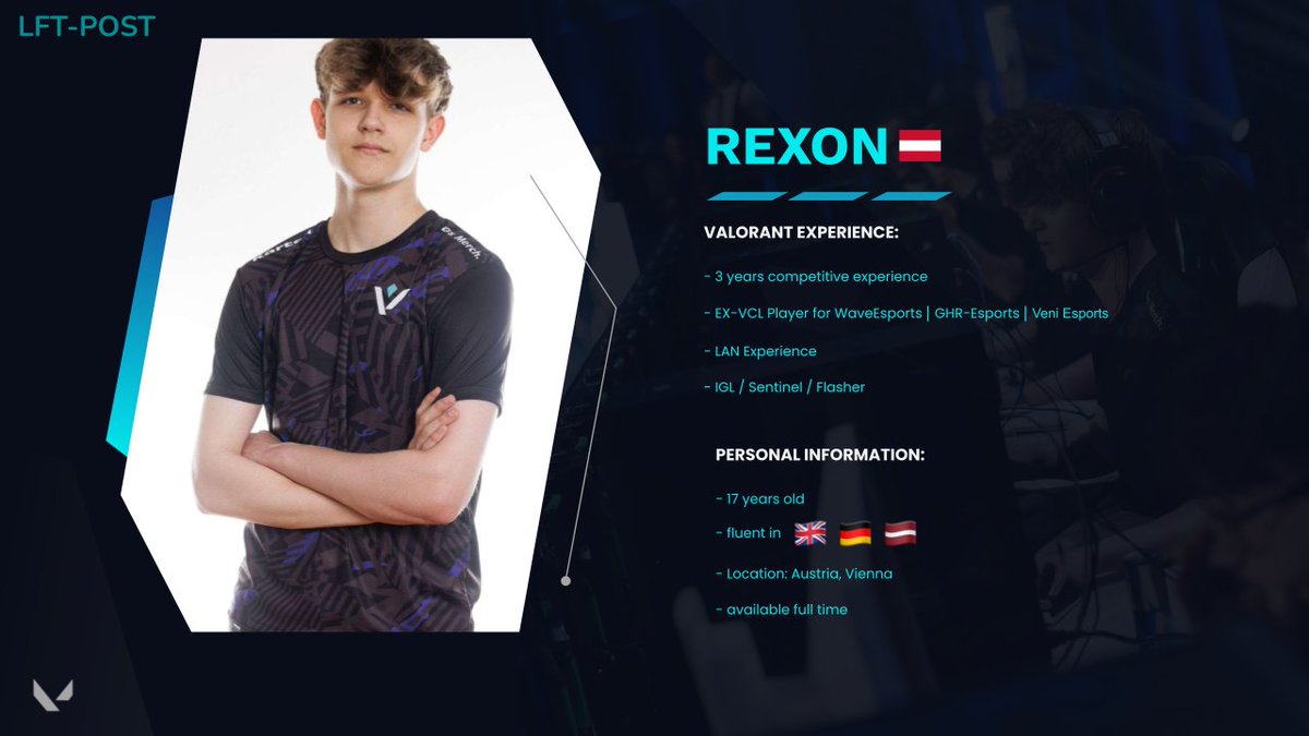 #LFT

Had a great run with my team and we are still together but I want to explore my options :)

- Fulltime
- Able to relocate
- Can IGL/2nd IGL
- Most experience on sentinel/initiator

If interested contact via dm/ discord: rexon#0624