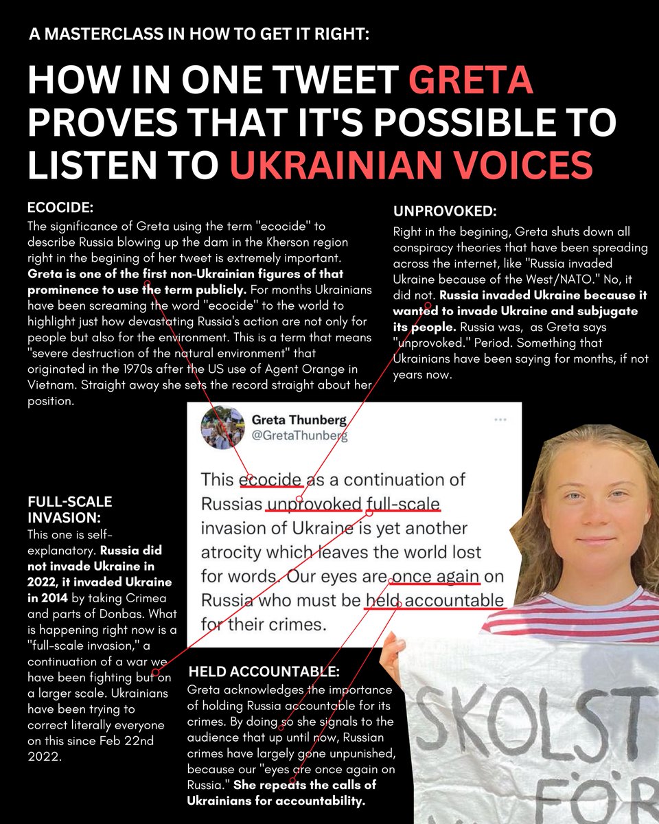 masterclass for non-Ukrainians on how to talk about Ukraine: How in one tweet @GretaThunberg proves that it's possible to listen to Ukrainian voices. A thread (which will break this graphic into tweets that you can read.) Share 🧵👀