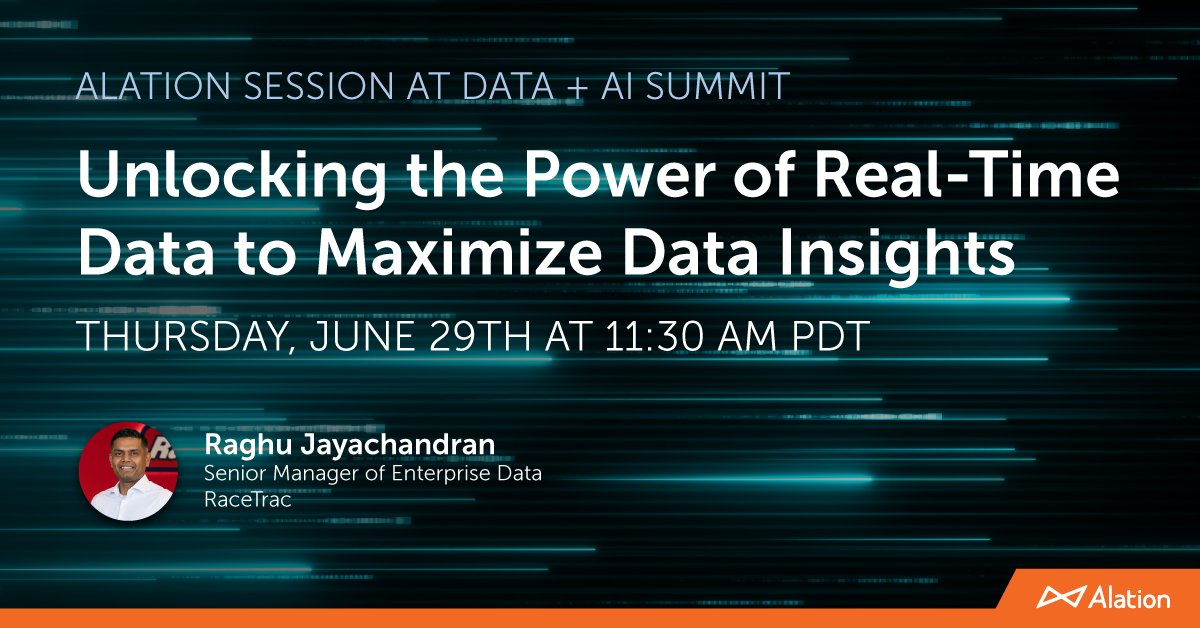 Alation's tweet photo. Race over to our session with @RaceTrac on 6/29 at #DataAISummit 🏎️ 

📊 Raghu Jayachandran will share how Racetrac used real-time data for data-driven decisions. 

Visit Booth 529 to learn how Alation delivers #DataLakehouse success: https://t.co/MnKotFAWN8 @databricks https://t.co/3LLdPT5kWD