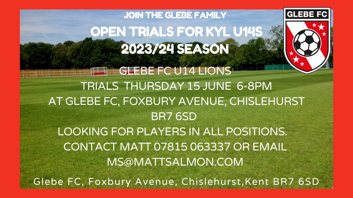Updated trial day/date for Glebe FC U14 KYL team