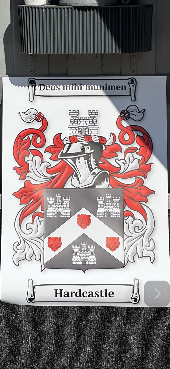 The Hardcastle coat of arms 
Who knows what the top writing means ?  
Be impressed if you didn’t have to google it lol
I had to though in all honesty 😆